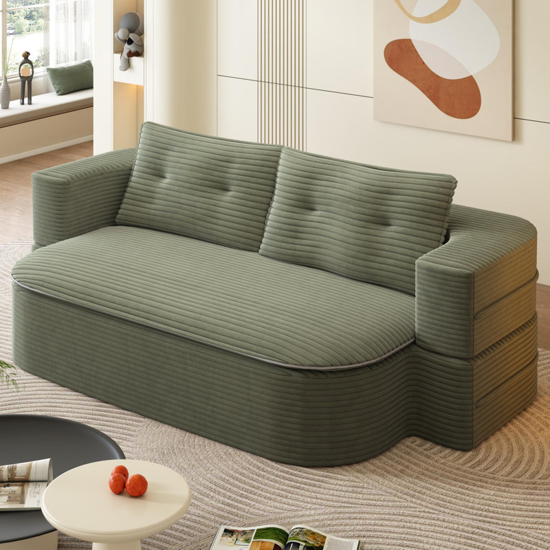 Boneless 78.7" Foldable Sleeper Sofa Bed Full-Size Corduroy Compression Couch Bed - No Assembly Required, Green