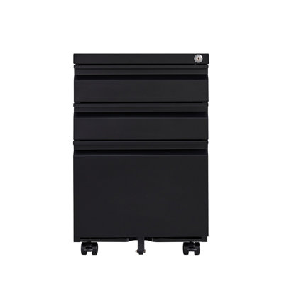 3 - Drawer Metal Filing Cabinet For Office, Black Color, Installation Needed, 2 Stationery Drawers With Standard Small Items, 1 File Drawer, Tipping Fifth Wheel, 4 Swivel Universal Wheels Finish,