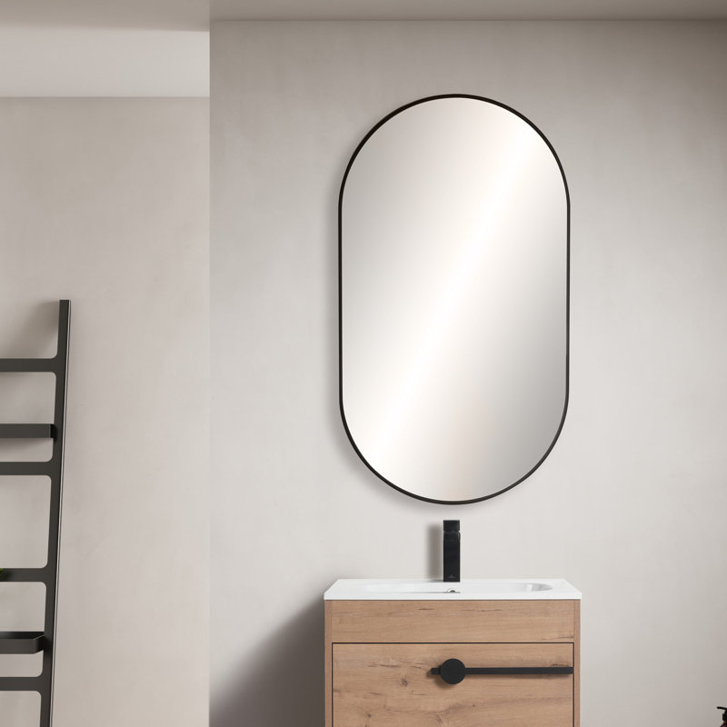 24" Round Metal Frame Shatterproof Wall Mount Mirror, 44" x 24", Matte Black