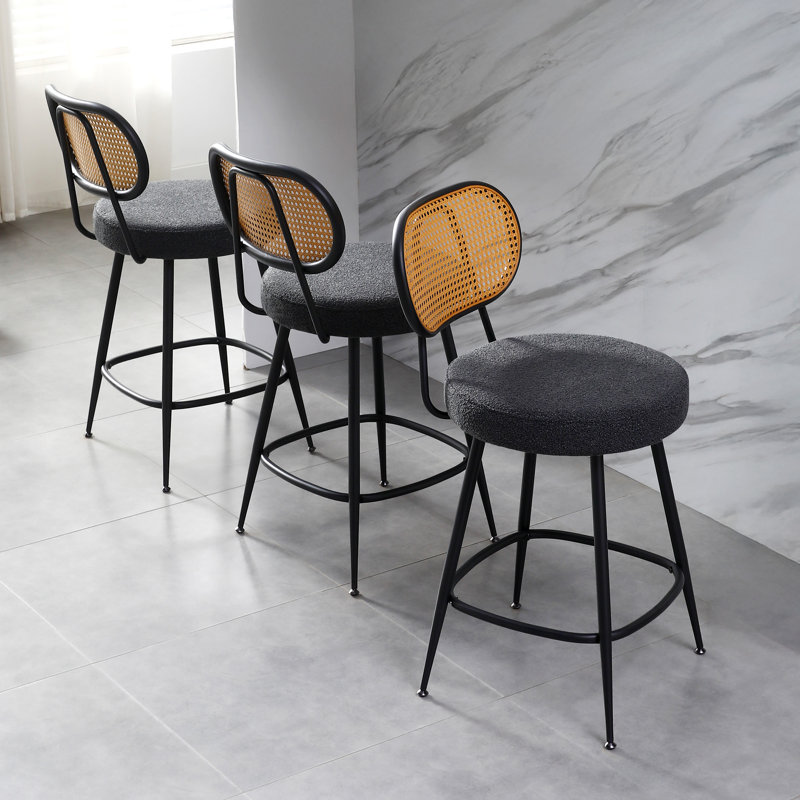 Tabouret de comptoir avec dossier en rotin, Noir, 3