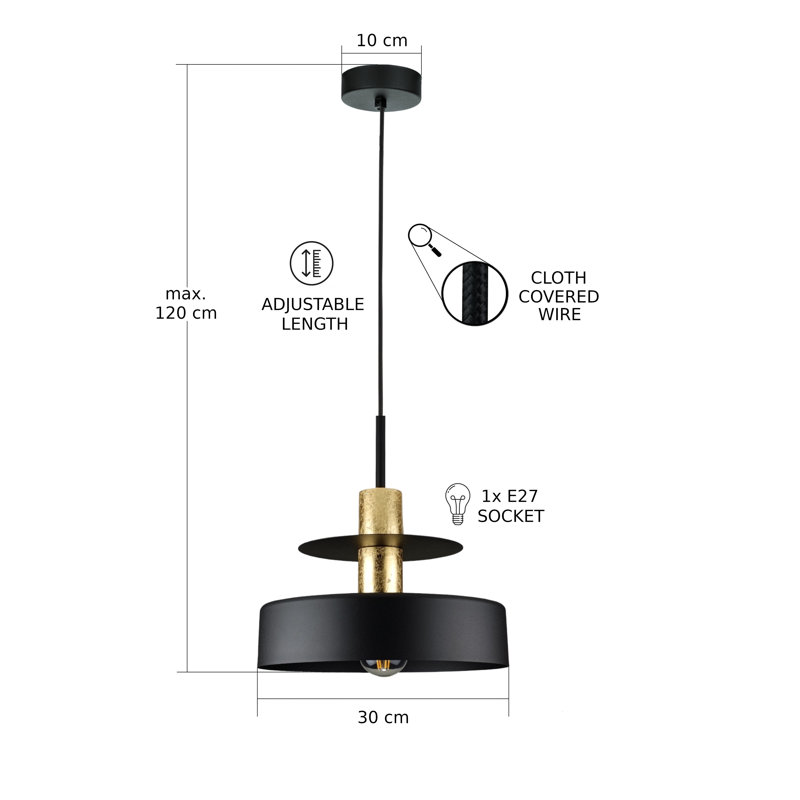 1 - Light Matte Black Drum Pendant, Black/Gold
