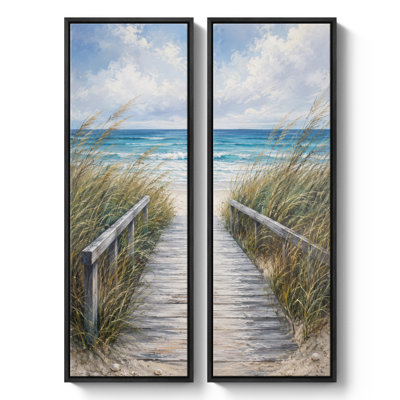 Coastal Beach Boardwalk with Dune Grass – Set of 2 Framed Wall Art Print on Canvas 60"x20"x2