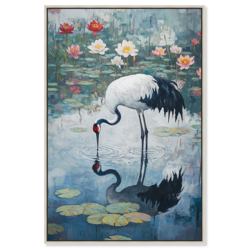 «Crane in Lilies», toile élégante par Crane , H 37 po x l 25 po, Cadre argenté