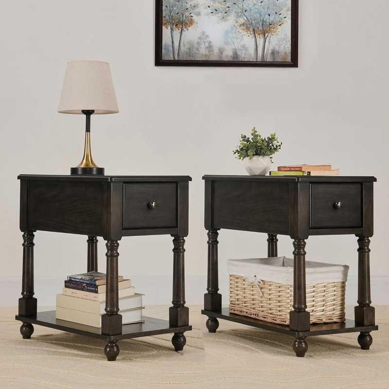 Set Of 2 Narrow End Tables With Drawer And Shelf, Solid Wood Sofa Side Tables, 2-Tier Skinny Table With Storage For Small Space Living Room And Bedroom