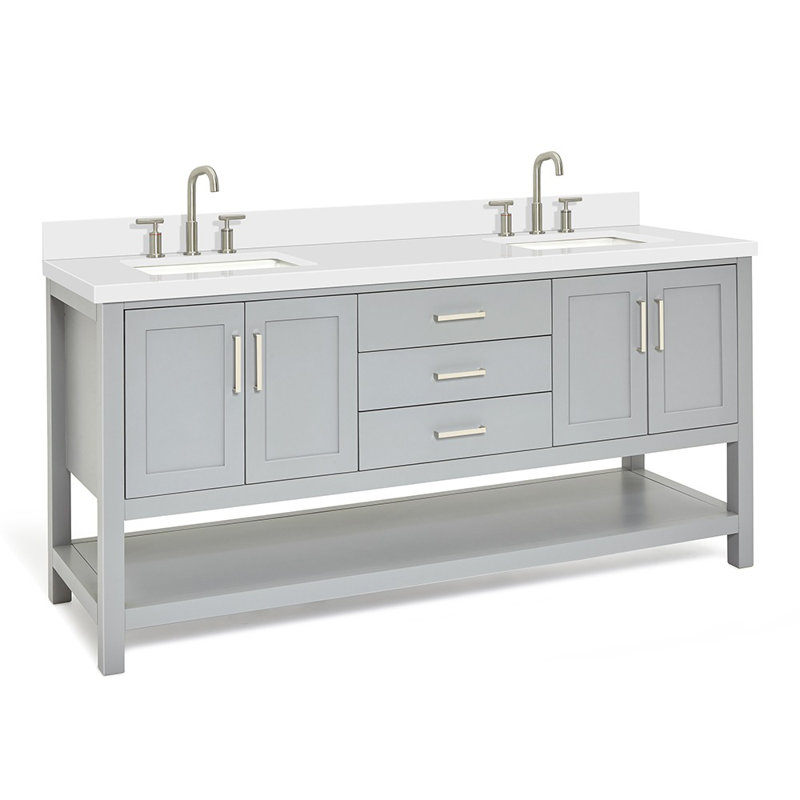 Meuble-lavabo double 73 po gris Magnolia, avec comptoir en quartz blanc pur 1,5 po et lavabo rectangulaire, Rectangular, Gris