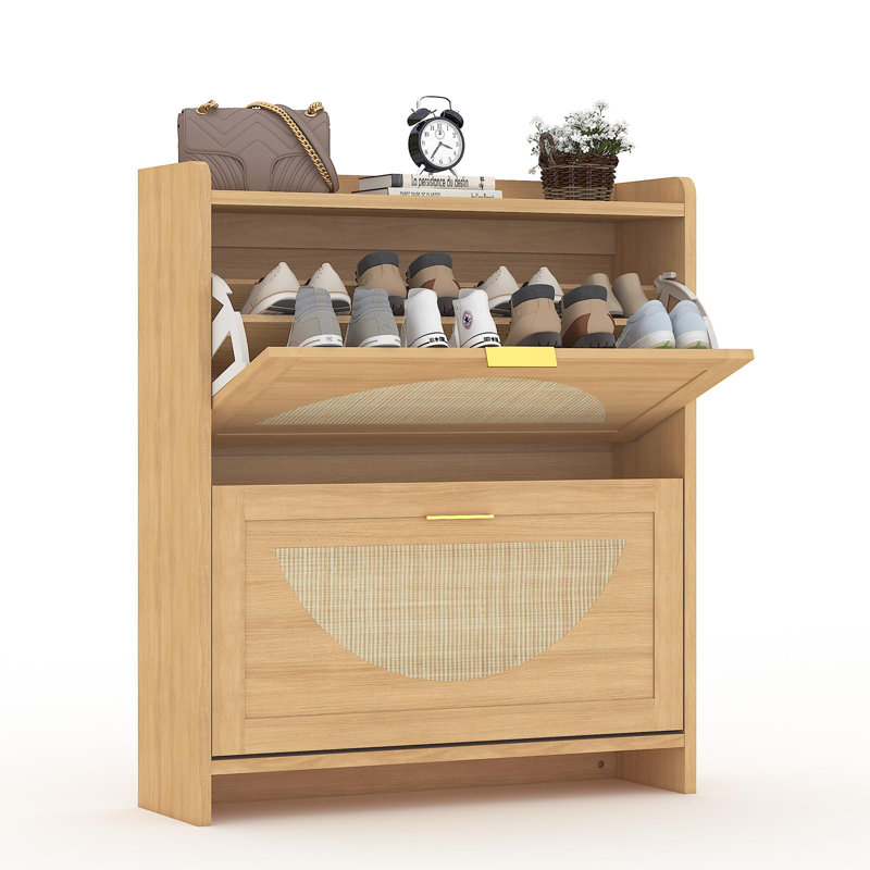 Armoire à chaussures avec 2 tiroirs rabattables, armoire à chaussures étroite avec portes en rotin pour le vestibule, armoire de rangement à chaussures autoportante en panneau de fibres à densité moyenne