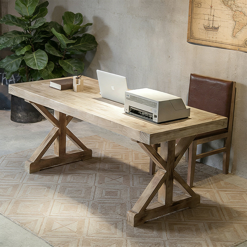 Établi et bureau en bois massif rétro, H 29,53 po x l 78,74 po x P 31,5 po