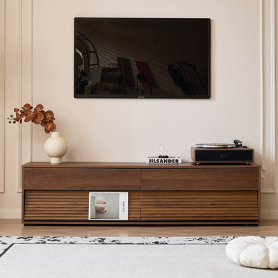 Fluted TV Stand for TVs up to 75", LED Lighting, Drawers & Magazine Racks, Mid Century Media Console