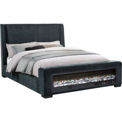 Dark Blue Upholstered Queen Panel Bed Featuring Captivating Wingback Style, Flame Box In With 13 Color Steps, Wireless Remote For Audio And Brightness Adjustment Fashionable Different Colors, Adjust