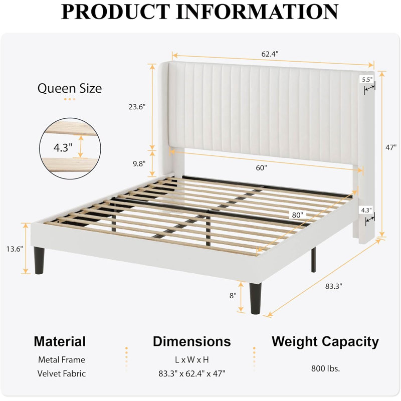 Ophir Queen Size Velvet Bed Frame with Vertical Channel Tufted Wingback Headboard, Upholstered Platform Bed with Wood Slats, No Box Spring Needed, Easy Assembly, White