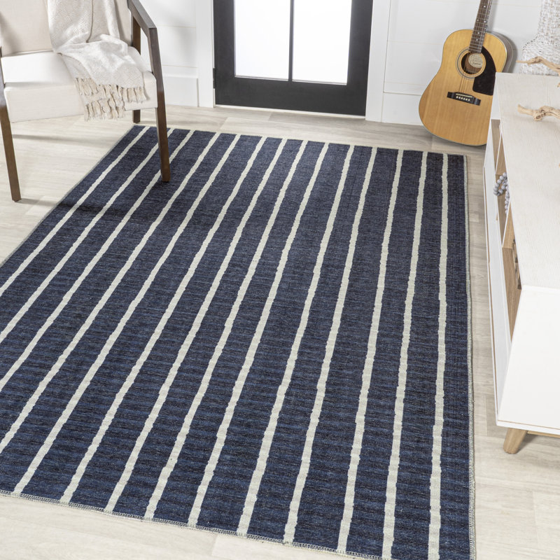 Rand Distressed Ticking Stripe Machine-Washable Navy/Gray Rug, Rectangle 3'11" x 6'