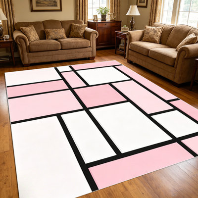 Tapis géométrique moderne blanc et rose 1pc pour le salon, doux et confortable, adapté à toutes les saisons, facile à entretenir, lavable à la machine, tapis de table sous la ferme convenant à un vestibule, une chambre à coucher, une salle à manger, un patio, une cuisine, une maison