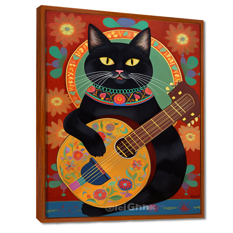 Chat noir boho jouant de la guitare - art mural chat, Toile avec cadre brun, H 32 po x l 24 po x P 1 po