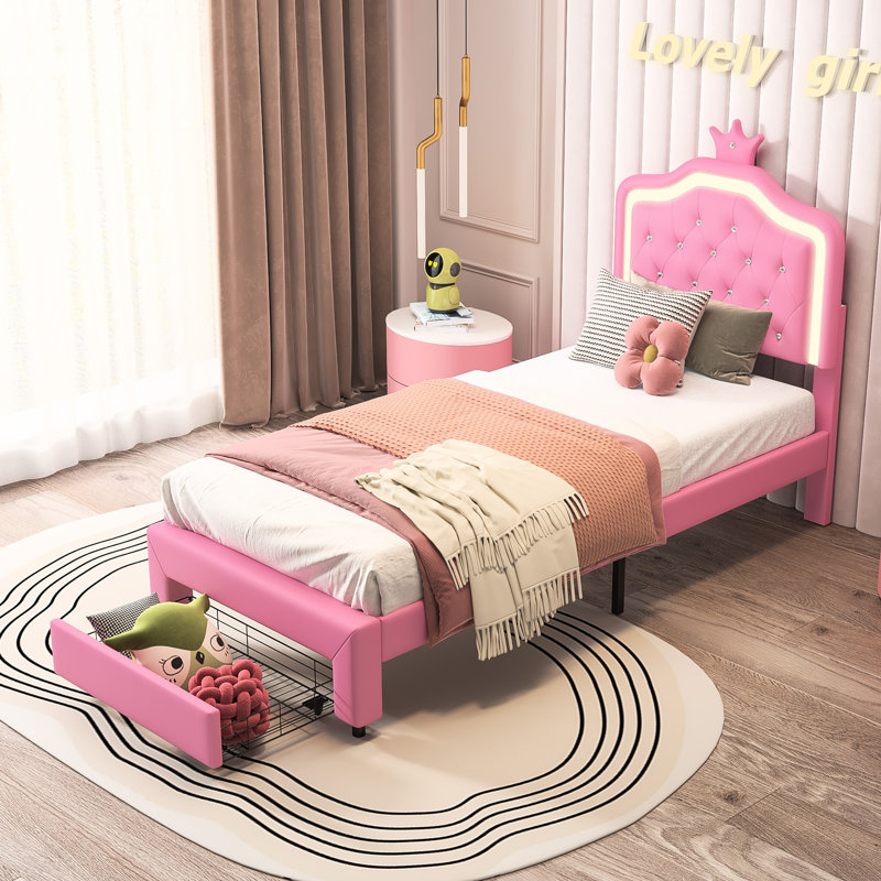Single Bed with Drawer Storage and LED Headboard, PU Leather Bed Frame with Crown Cloud Design, 90×190, Pink