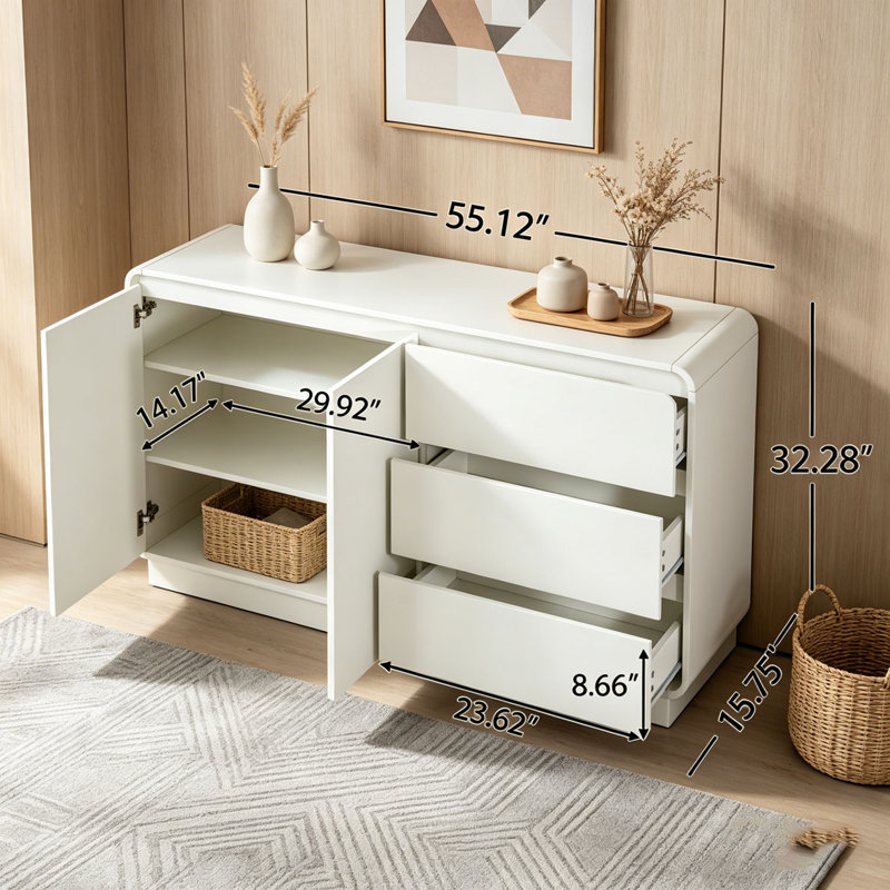Armoire de rangement de 55,1 po de largeur avec 2 portes et 3 tiroirs, Blanc