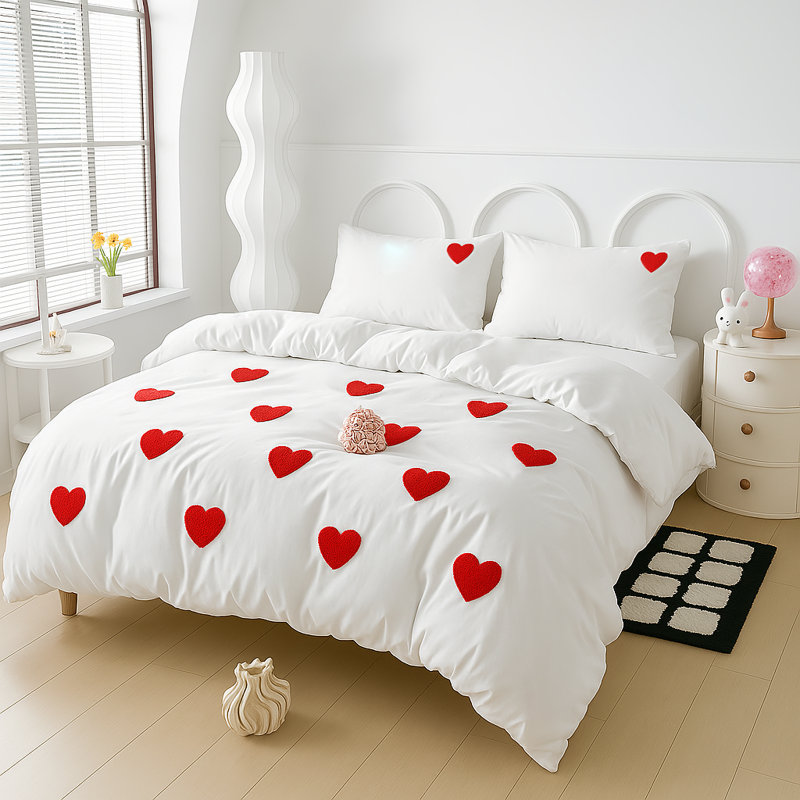 Heart Tufted Embroidered Duvet Cover Set with Pillowcases(No Filling), Soft Microfiber Bedding Set, White ComforterCover, Mother’s Day