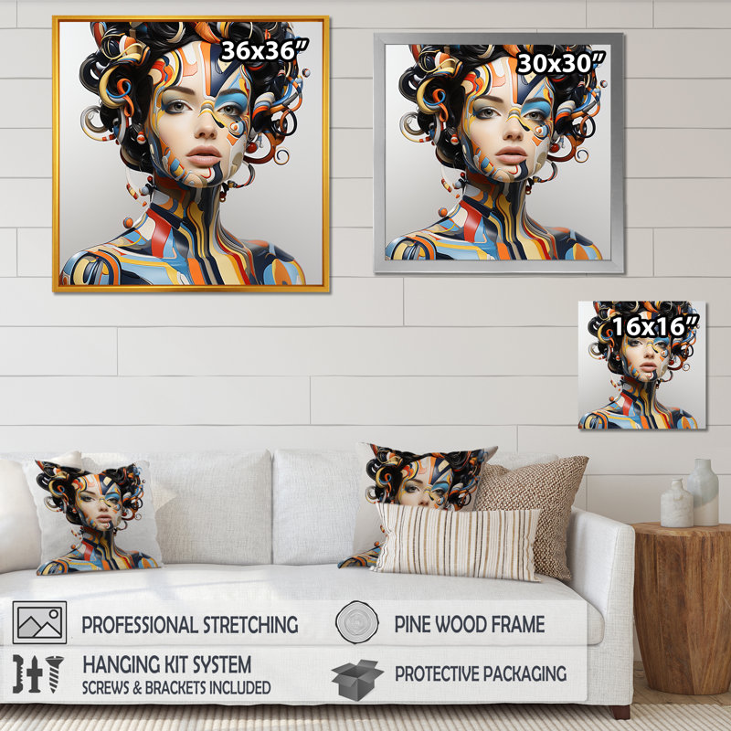 Art numérique sur toile, "Digital Dreams Cybernetic Woman Portrait II", Cadre doré simple, H 30 po x l 30 po x P 1,5 po
