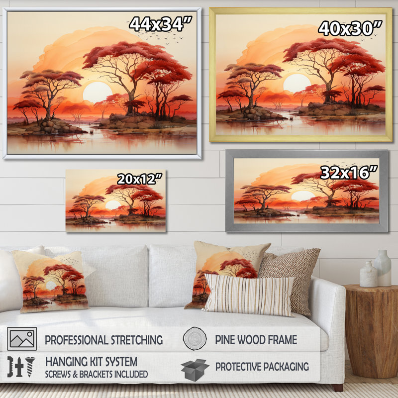 Rouge, jaune, paysage africain - Art mural paysage africain, H 34 po x l 44 po x P 1,5 po, Cadre photo blanc