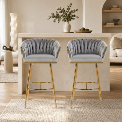 Tabourets de bar touffetés Glam (ensemble de 2) - Tabourets de comptoir rembourrés avec pieds en métal doré pour cuisine et salle de bain