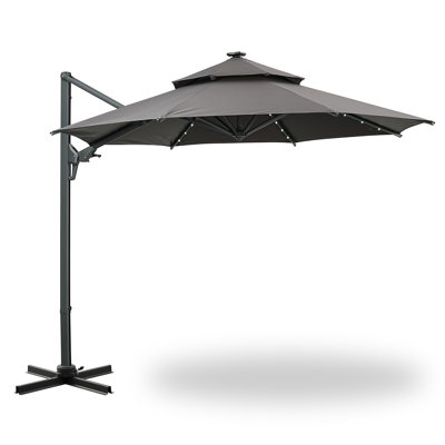 10FT Cantilever Umbrella with Lights, Solution-Dyed Fabric-White