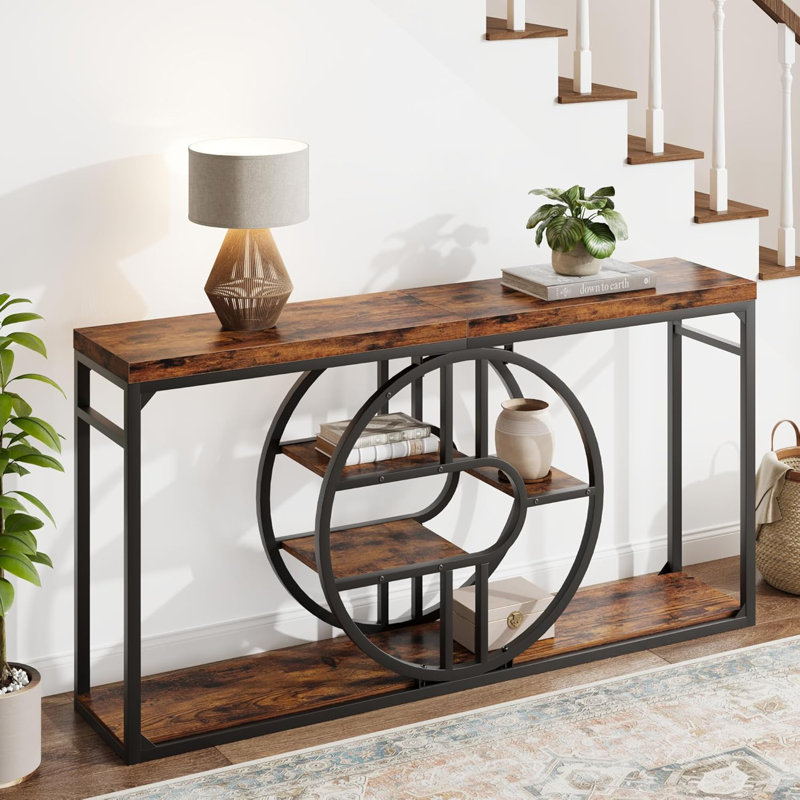 Table d'entrée 55 po, console étroite à 5 niveaux avec structure en métal en forme de o, Brun
