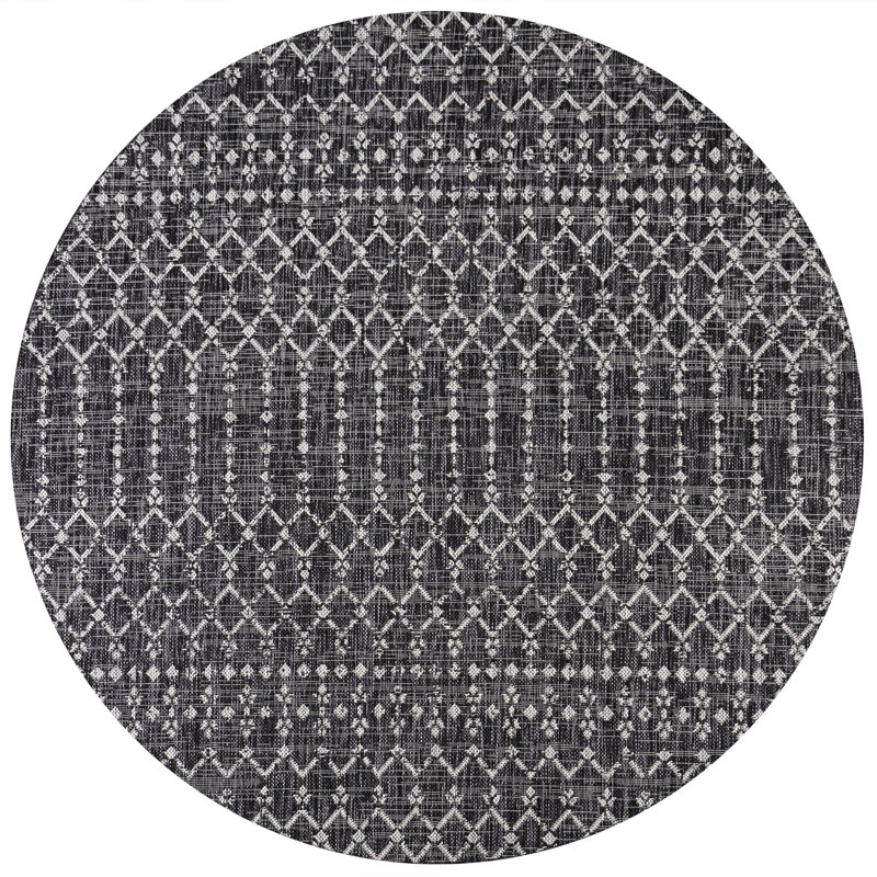 Crompton Moroccan Geometric Textured Weave Indoor/Outdoor Rug, Round 3'1", Black/Gray
