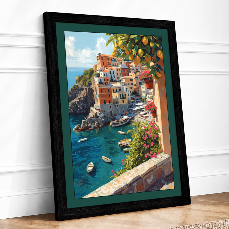 Mediterranean Village Coastal - Framed Print, A1 - 84.1 x 59.4 cm, Black