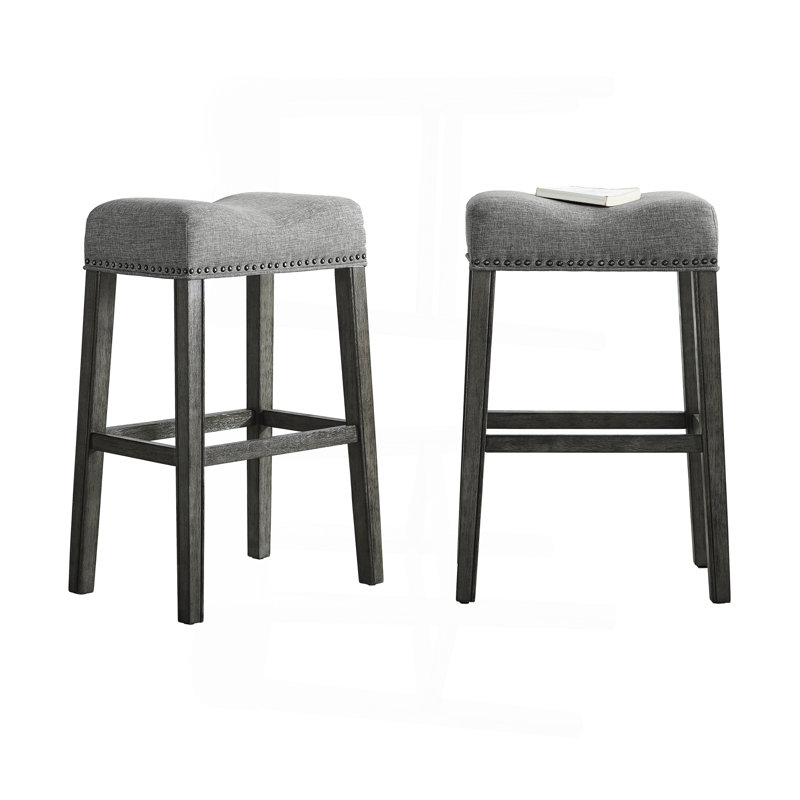 Upholstered Backless Saddle Seat Bar Stools 29" Height Set Of 2, Gray Seat/ Black Frame 