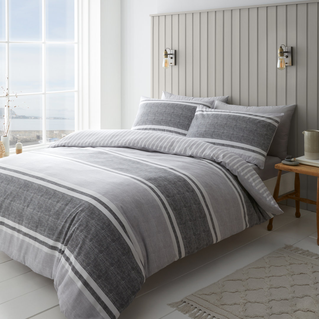 Textured Banded Stripe Reversible Duvet Cover Set with Pillowcases
