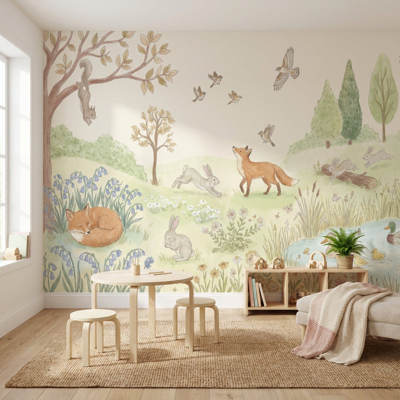 Papier peint animaux renard Shades Of Green, 120" x 96", Peler et coller