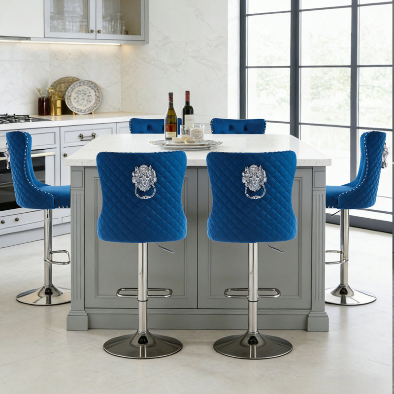 Swivel Adjustable Height Counter Stool With Metal Frame, Silver, Dark Blue