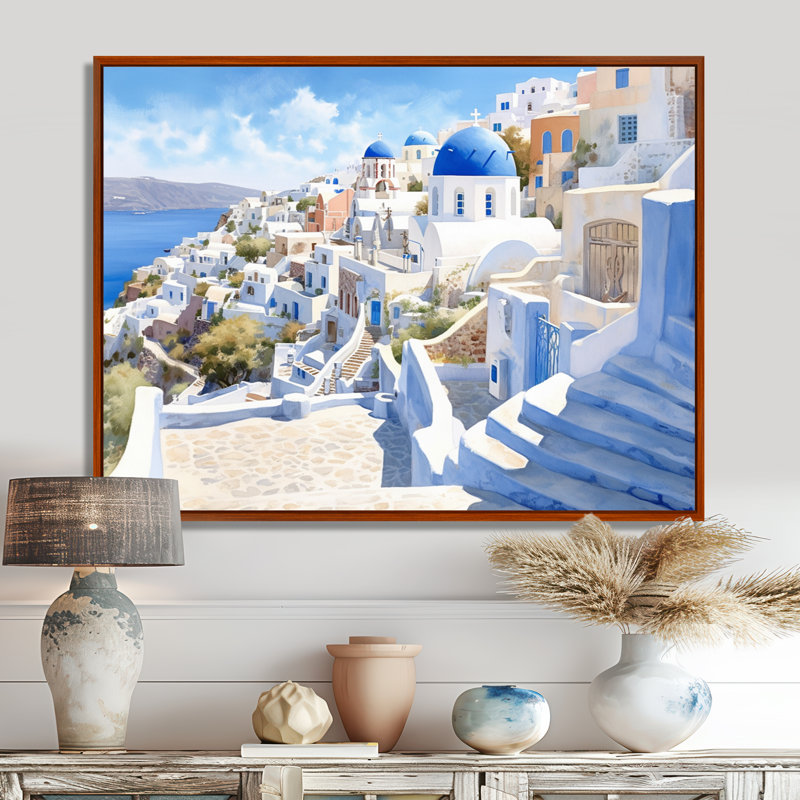 Grecque Santorini Odyssey II - Grèce, art mural, H 34 po x l 44 po x P 1,5 po, Cadre flottant brun
