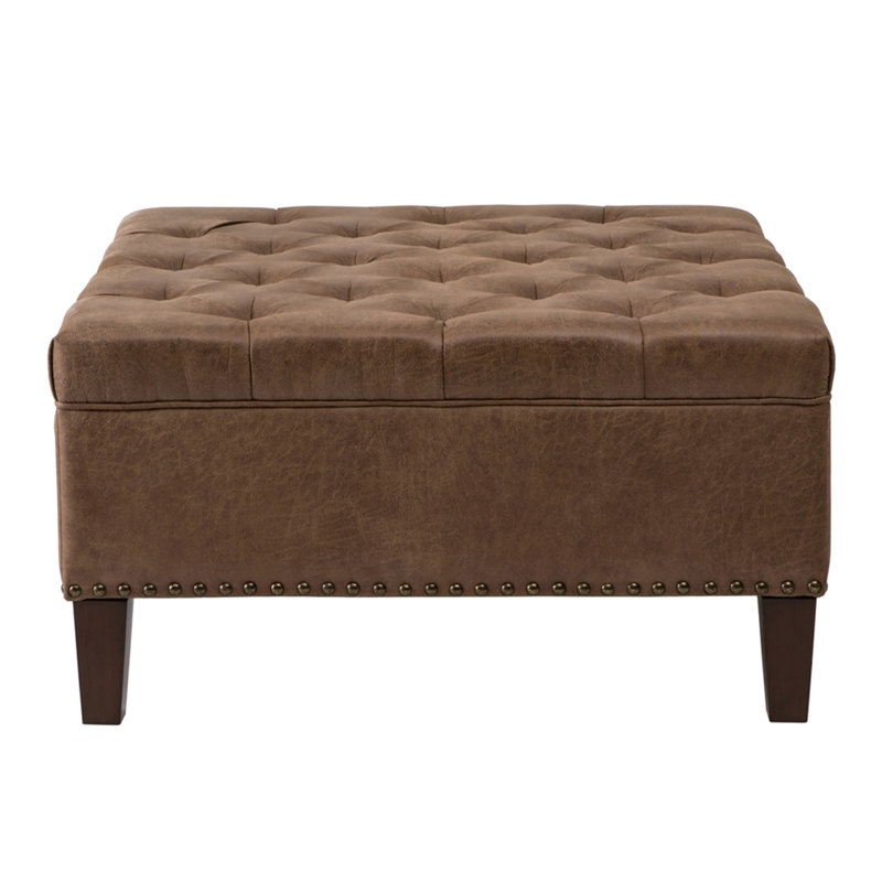 Tufted Square Cocktail Ottoman, Brown Faux Leather, Brown