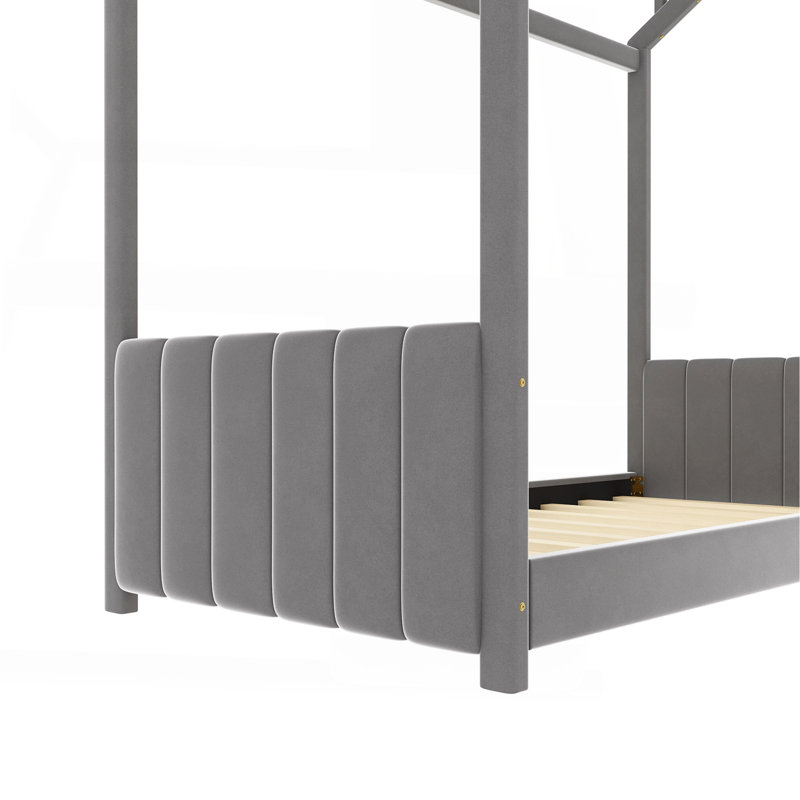 Lit simple en bois et velours, gris, Gris, Twin