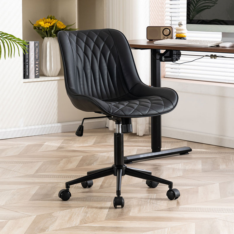 Armless Swivel Office Chair Faux Leather Upholstered Waterproof Desk Chair Ergonomic Adjustable Computer Chair, Black