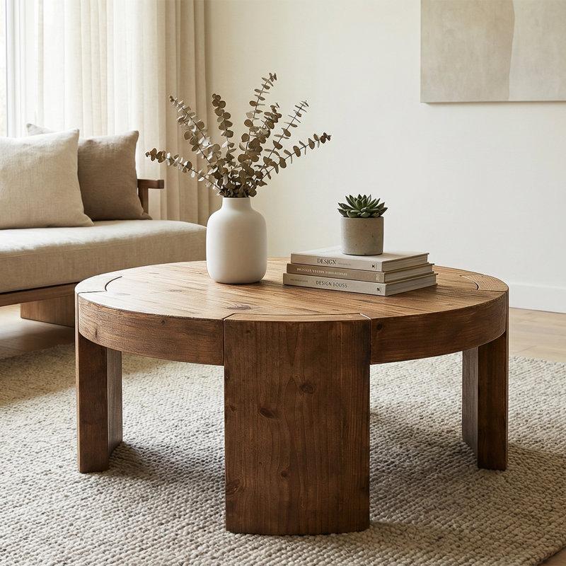 Solid Wood Round 31.5-Inch Farmhouse Circle Center Cocktail Tea Coffee Table for Living Room, Easy Assembly, Rustic Brown