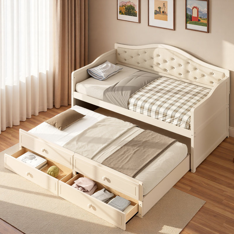 Wooden Daybed With Trundle, 2 Storage Drawers And Upholstered Button Tufted Backrest, Beige