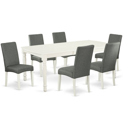 L'ensemble de salle à manger 7 pièces se compose d'une table de salle à manger rectangulaire avec feuille papillon et de 6 chaises rembourrées en lin gris, blanc lin