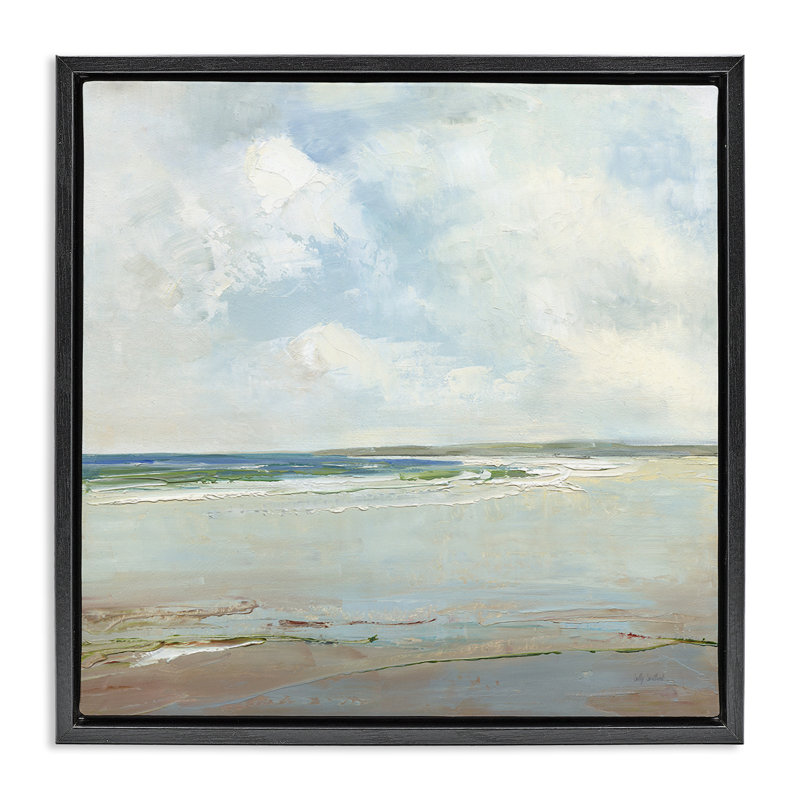 Plage éloignée avec nuages, Cadre flottant noir de jais, H 18 po x l 18 po