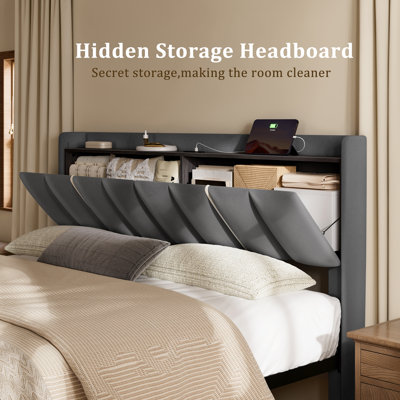 Upholstered Full Bed with 2 Drawers and Open Storage Headboard，Platform Bed with Charging Station, No Spring Boxing Needed, Beige