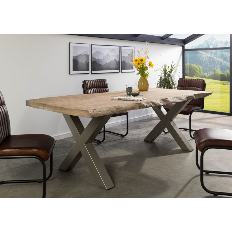 Solid Wood Top Metal Base Dining Table, Beige, 77 cm H x 220 cm L x 100 cm D, Silver