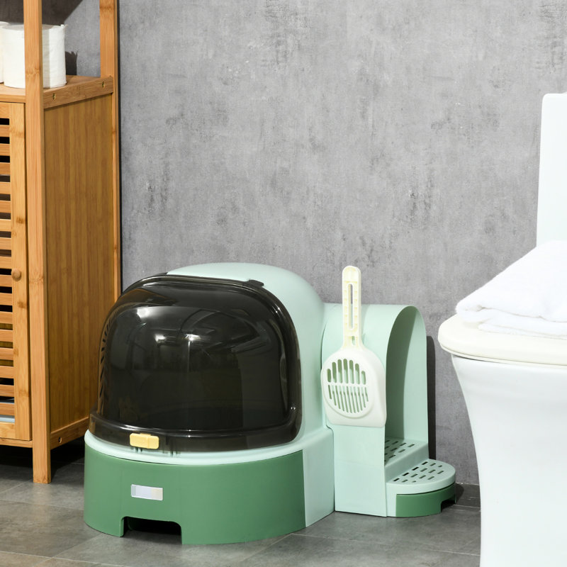 Litière en plastique avec couvercle, ouverture frontale facilitant le nettoyage, porte spacieuse pour la mobilité confortable du chat, plateau amovible pour le repérage, espace bien-être à conception, désodorisant