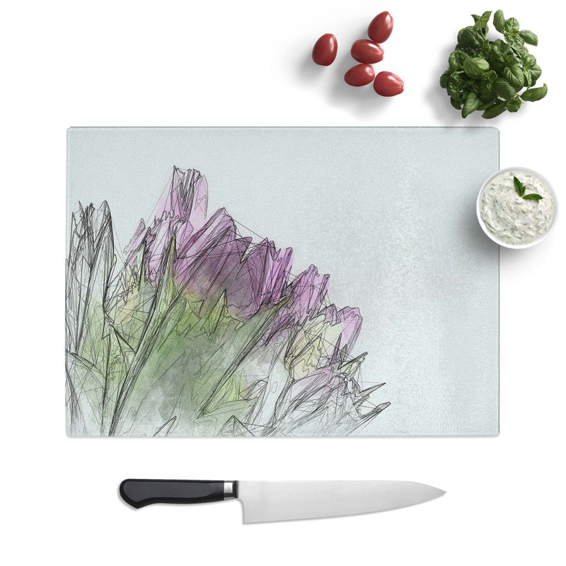 Tempered Glass Yellow & Purple Tulips in Abstract Chopping Board, 28.5 cm W x 20 cm L