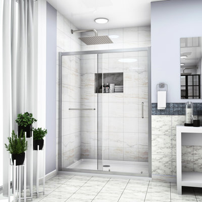 60" W X 72" H Shower Door, Single Sliding Bypass - Brushed Nickel, Tempered Glass, Streamlined Design Enclosure, 72", Nickel Robust Bathroom Improvement
