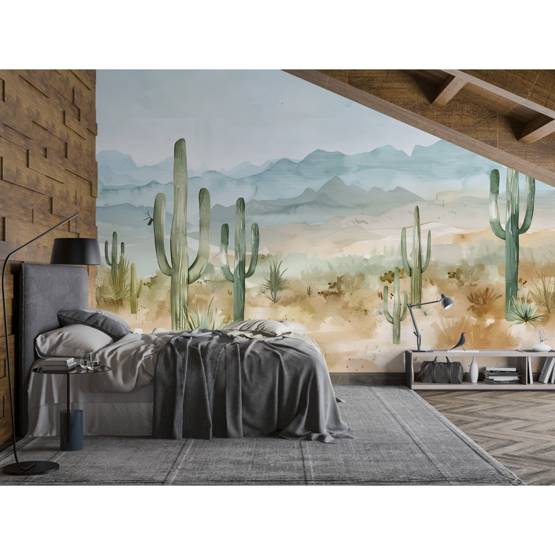 Desert Cactus Wall Mural – Southwestern Mountains Boho Wallpaper, L 145 po x l 100 po, Luxury Canvas Texture