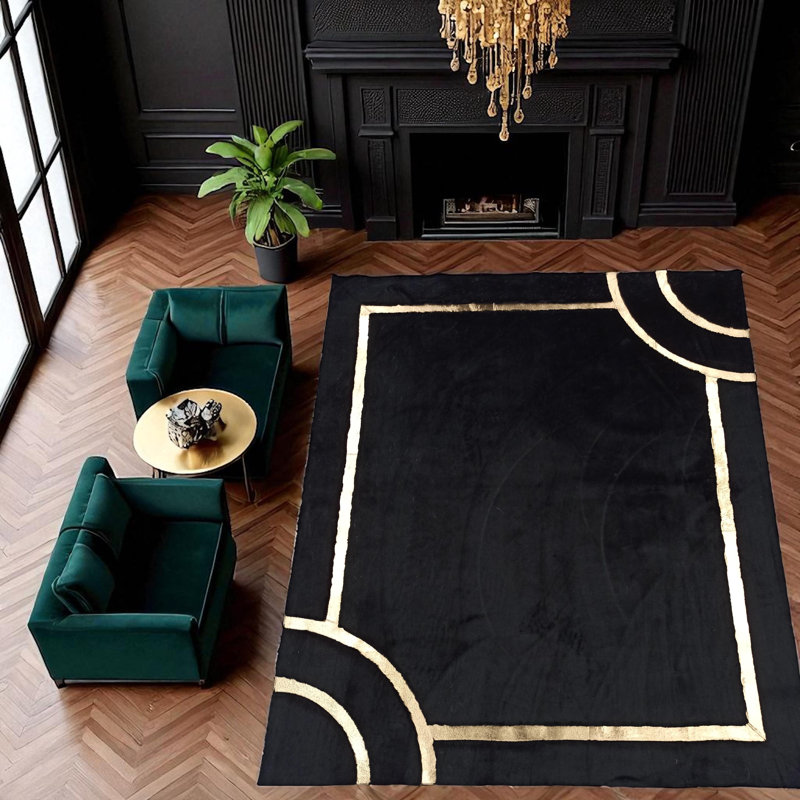 Tapis noir géométrique en peluche à bordure dorée_2 x 6 pi, Tapis de couloir 2 pi x 6 pi