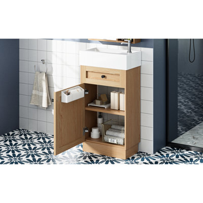 Meuble-lavabo rustique de 18,5 po avec lavabo en résine réversible, armoires en matériau, tablettes réglables pour une option de rangement flexible, poignées en alliage de zinc, finition grain de bois, armoire à charnières silencieuses