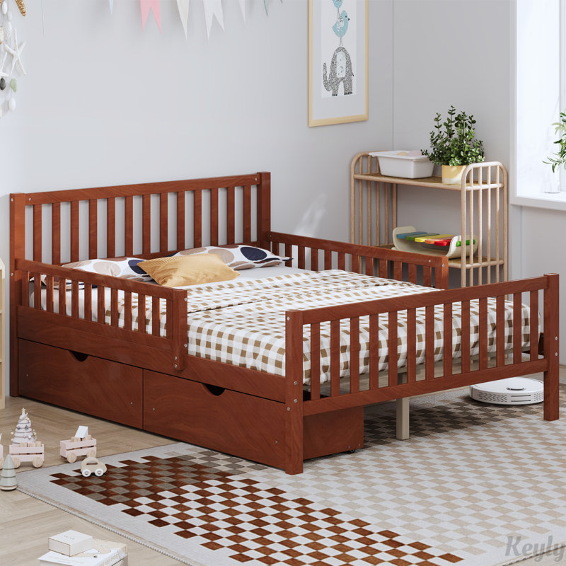 Lit plateforme en bois avec garde-corps et deux tiroirs de rangement, Double