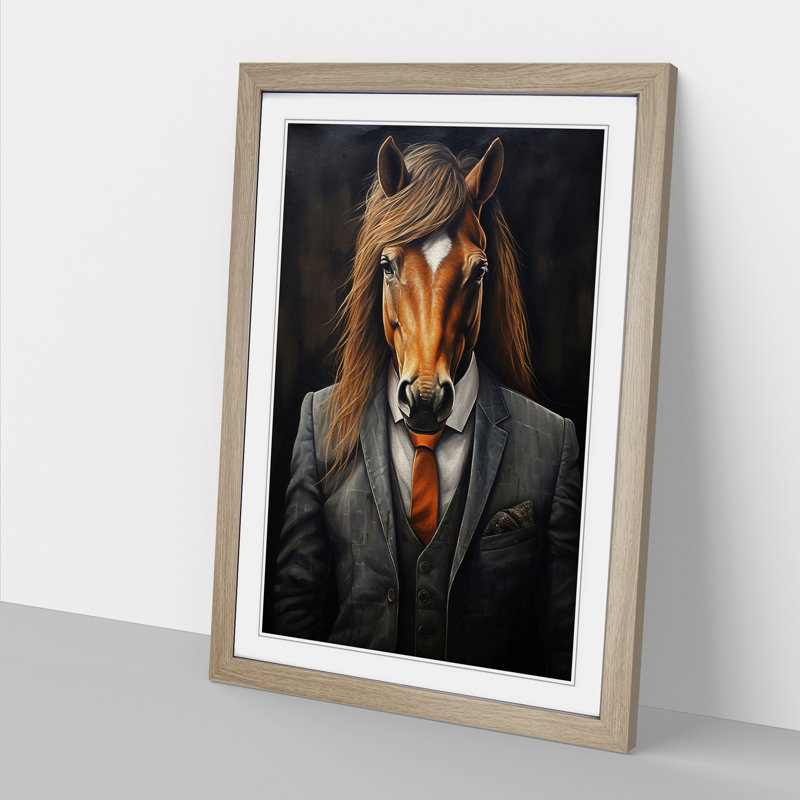 Pony In A Suit No.3 - Single Picture Frame Print on Wood, 46cm H x 34cm W x 2cm D, Oak