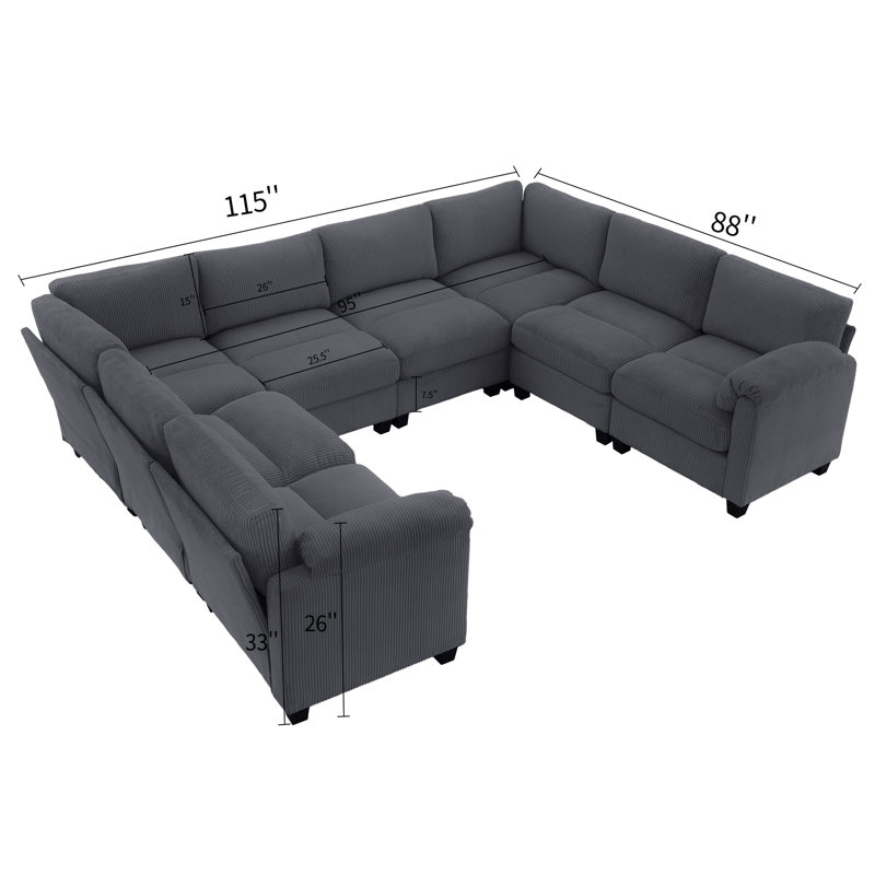 8-Piece Upholstered U Shaped Corduroy Sectional, Warmth Dark Gray Corduroy